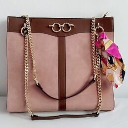 Grand sac en cuir marron et daim rose
