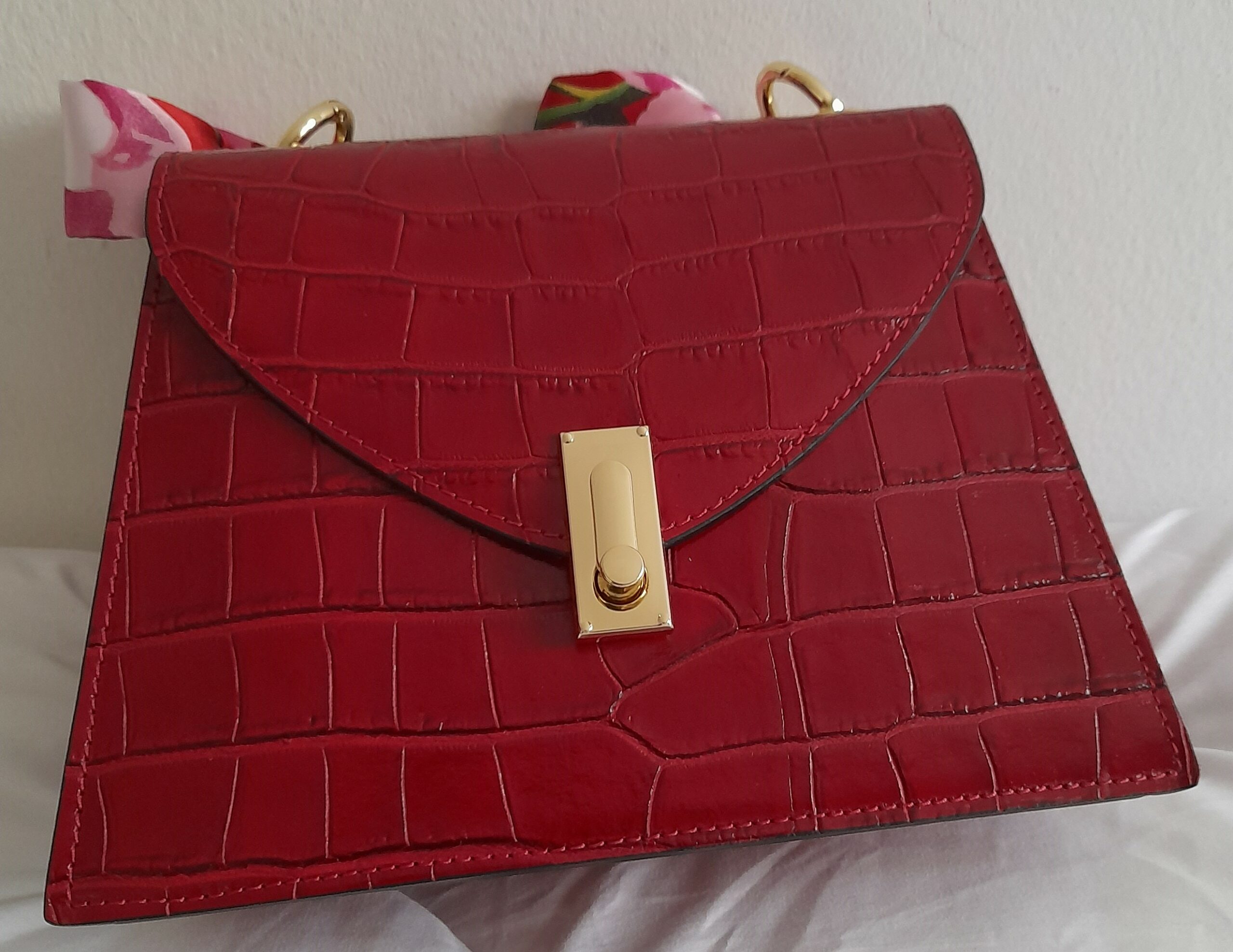 Sac à main en cuir Poignée Foulard imprimé Croco (Rouge) – Image 5