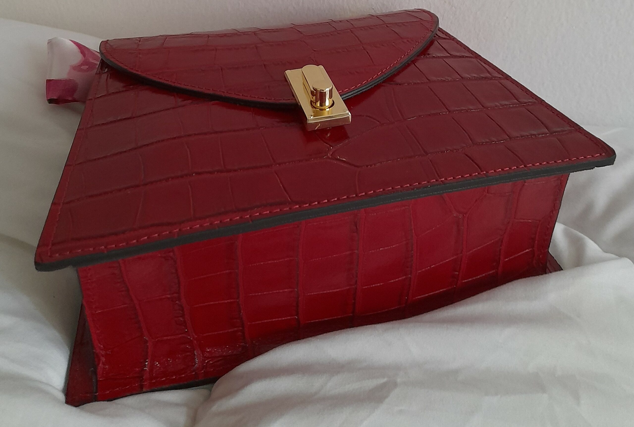 Sac à main en cuir Poignée Foulard imprimé Croco (Rouge) – Image 6