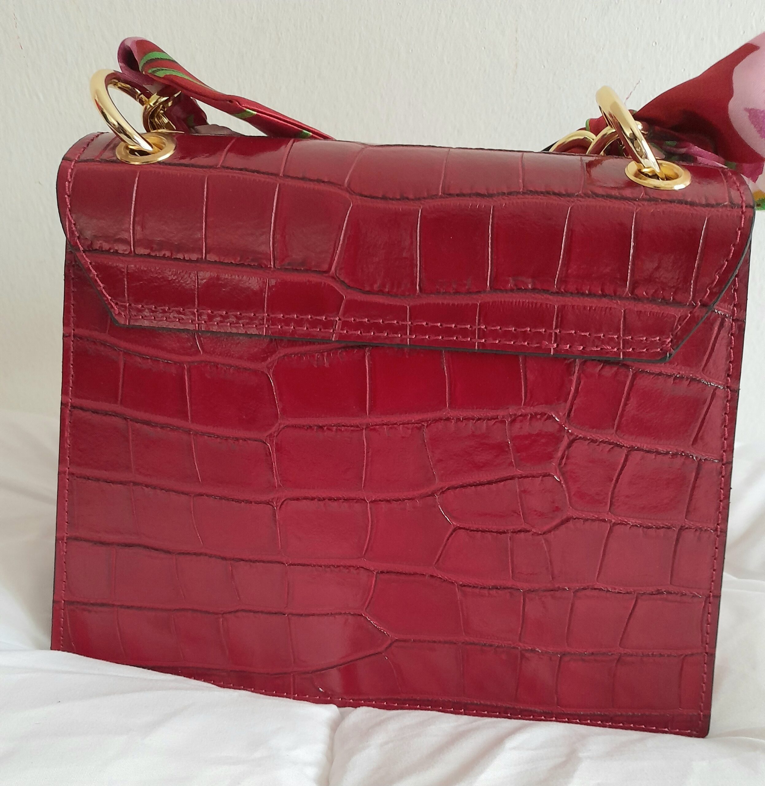 Sac à main en cuir Poignée Foulard imprimé Croco (Rouge) – Image 8
