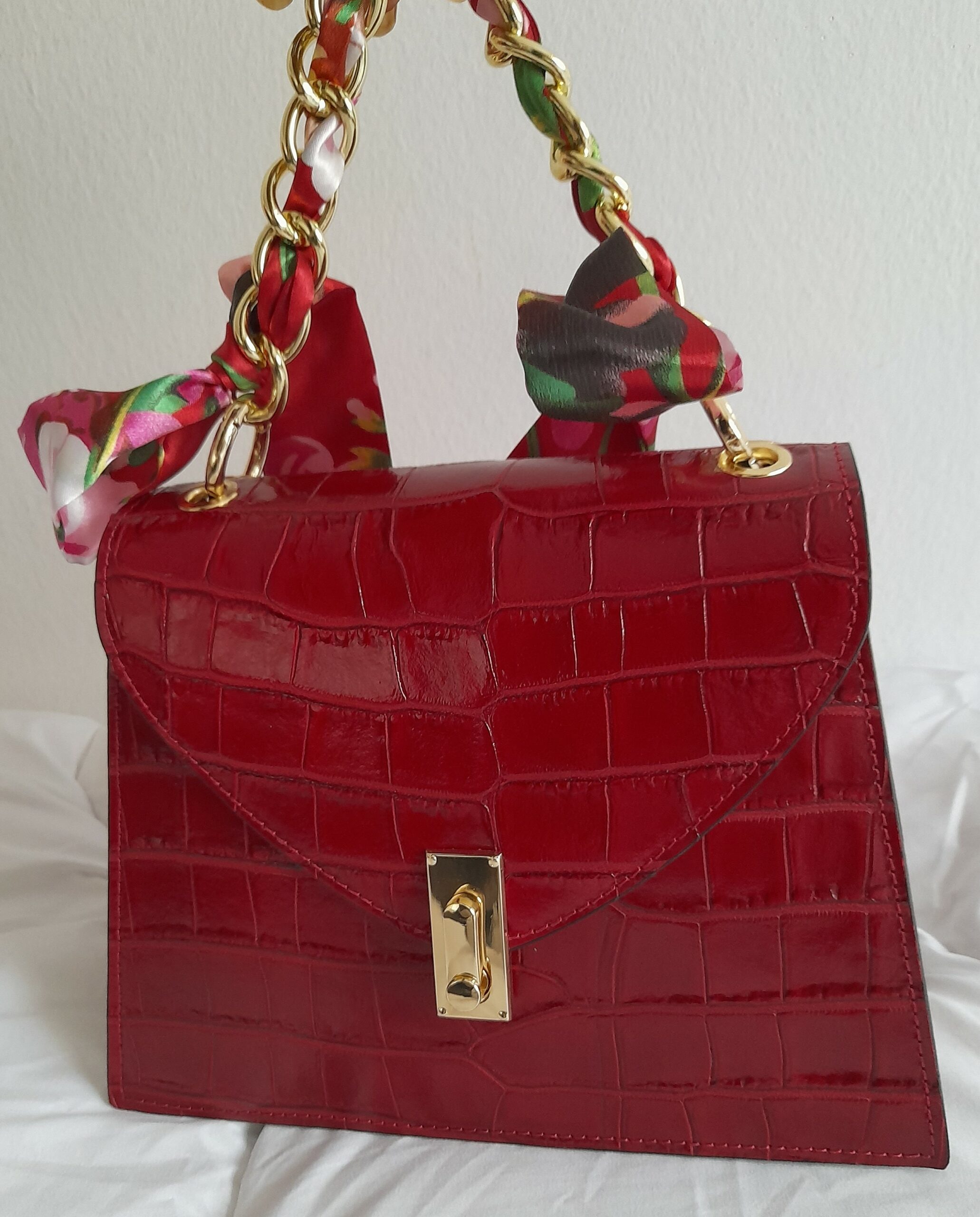Sac à main en cuir Poignée Foulard imprimé Croco (Rouge) – Image 9