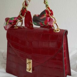 Sac à main en cuir Poignée Foulard imprimé Croco (Rouge)