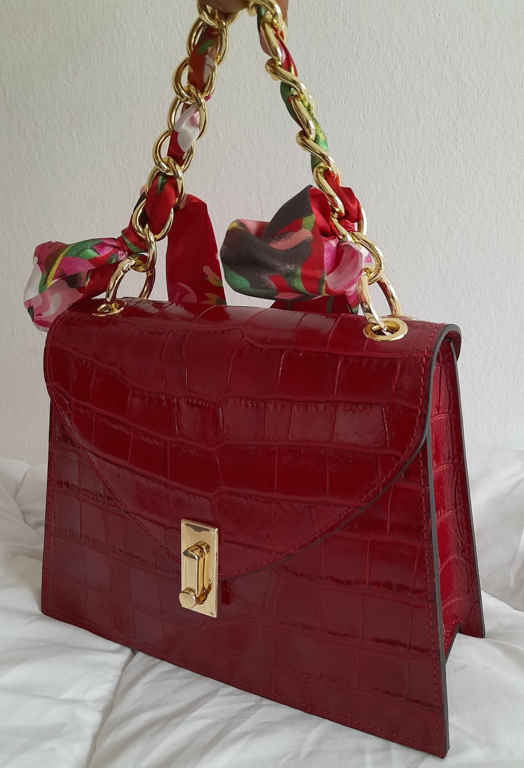 Sac à main en cuir Poignée Foulard imprimé Croco (Rouge)