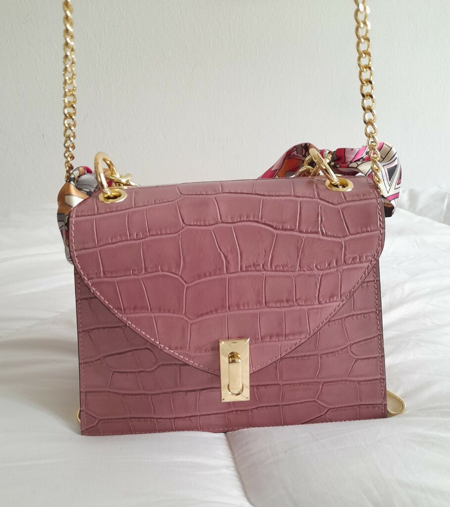 Sac à main en cuir Poignée Foulard imprimé Croco (Rose poudré)