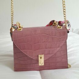 Sac à main en cuir Poignée Foulard imprimé Croco (Rose poudré)